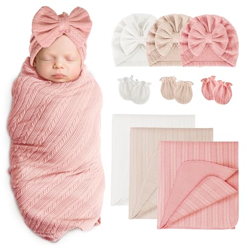 Image of AQOKKA Baby Swaddle Blankets with Bow Hat Mittens Set Wheat-Pattern Infant Receiving Blankets Swaddles for Newborns Unisex Toddler Swaddle Wrap Sets for Baby Girls Boys Nursery Warm Shower Gift