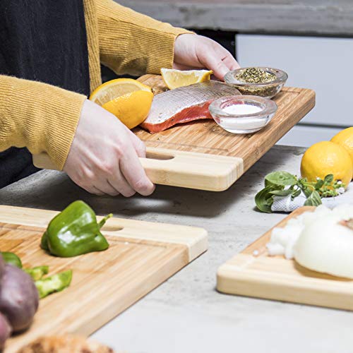 K BASIX Bamboo Cutting Board Set with Groove (3-Pcs)-Premium Quality Organic Wood Cutting Board for Kitchen-Chopping Board for Meat (Butcher Block) & Veggies-Anti Microbial 100% Natural Serving Trays