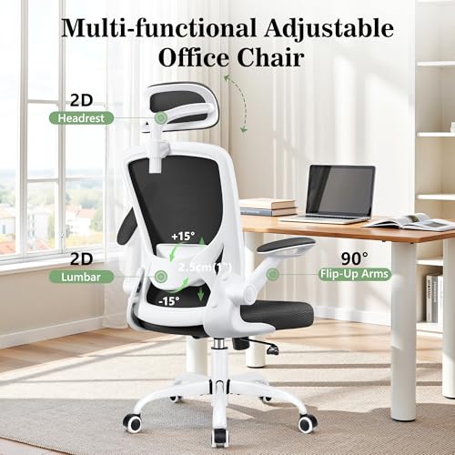 Image of Ergonomic Office Chair, Computer Desk Chairs with Adjustable Lumbar Support | Breathable Mesh Office Chair with Filp-Up Arms, Swivel Desk Chair Comfy for Home Office, Prolonged Sitting, High Back, White