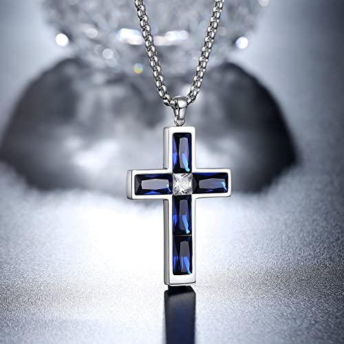 Birthstone Cross Necklace for Men, 316L Stainless Steel with Cubic Zirconia Cross Pendant Necklace for Women, 24Inch Chain Handmade Jewelry2