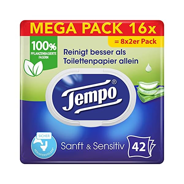 Tempo Feuchte Toilettentücher "Sanft & Sensitiv" - Megapack - 16 Packungen mit je 42 Tüchern - Duo Packs - natürliche Aloe Vera - feuchtes Toilettenpapier, dermatologisch getestet, pH-hautneutral
