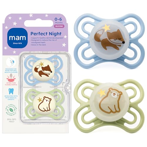Image of MAM Perfect Baby Premium Pacifier 0-6 Months, Extra Thin Nipple, Developed with Orthodontists, Clinically Proven, Glows in The Dark, BPA-Free Silicone, 2 Pack, Made in Europe
