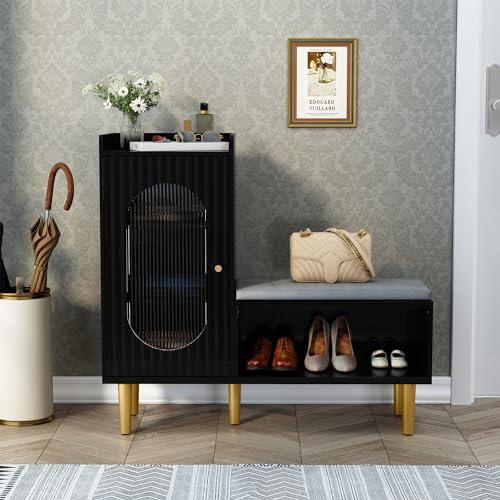 Image of HLR Storage Bench with Glass Door&Shelf, Modern Entryway Shoe Cabinet Bench with Padded Seat, L-Shaped Storage Cabinet for Hallway, Bedroom, Living Room, Office, Black