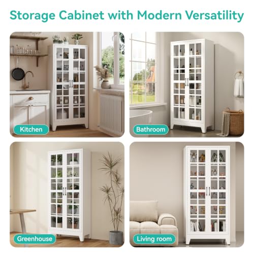 Image of Metal Storage Cabinet with Glass Doors and Adjustable Shelves | 71 inch Tall Pantry Cabinet for Kitchen Dining Room Bathroom Garage,White,1 Pce