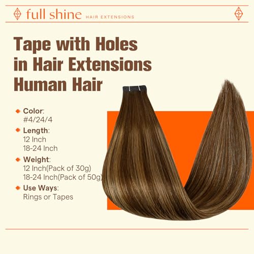 Image of Full Shine Holed Tape in Hair Extensions, Medium Brown Honey Blonde 24 Inch | 50g 20 PCS, Remy Human Hair Extensions Tape In, Invisible Construction, Full Appearance, Party Styling, Straight Texture