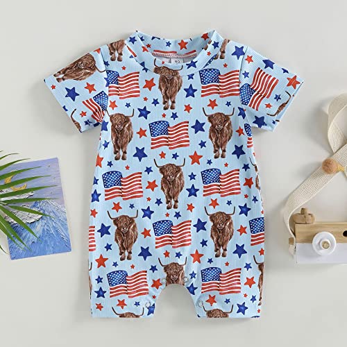 Karuedoo Western Baby Boy Girl Clothes Cow Print Romper Short Sleeve Jumpsuit Bodysuit One Piece Outfit (4Th Of July-Blue Cow Usa Flag, 6-12 Months) #TOP1