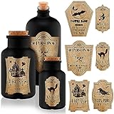 Umigy 3 Pcs Vintage Glass Potion Bottles with Cork Lid Black Halloween Tiered Tray Decoration 12 Apothecary Bottles Jars Stickers Labels Halloween Table Home Bathroom Decorations Indoor