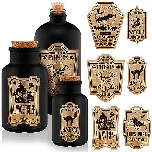 3 Pcs Vintage Glass Potion Bottles with Cork Lid Black Halloween Tiered Tray Decoration 12 Apothecary Bottles Jars Stickers Labels Halloween Table Home Bathroom Decorations Indoor