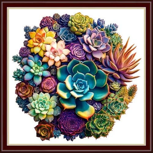 Image of Dimensean Stamped Cross Stitch Kits Full Range of Embroidery Patterns Starter Kits for Beginners Adult DIY Cross Stitches Needlepoint Kits 11CT-Colorful Succulent Plants 18x18 inch