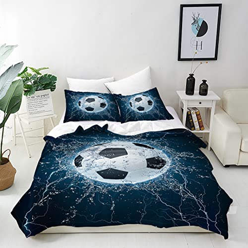 ANHOPE Football Duvet Cover Set Soft Lightweight 3 Piece Bedding Set including 2 Pillowcase Sports Theme Ball Soccer Print Pattern Kids Boys Girls Teens Men Quilt Cover with Zipper Single Size 135 x 200 cm