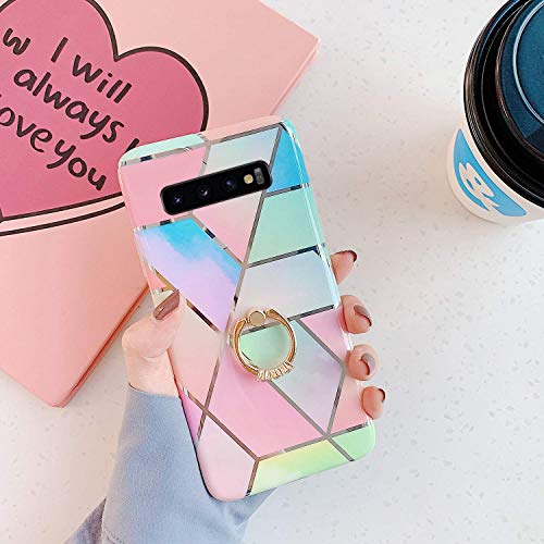 Saceebe Compatible with Galaxy S10e Silicone TPU,Glittered case TPU Soft Silicone Marble Pattern Soft Shell TPU with Finger Ring Bracket Protective Shell Case Cover [Anti-Scratch],Pink blue