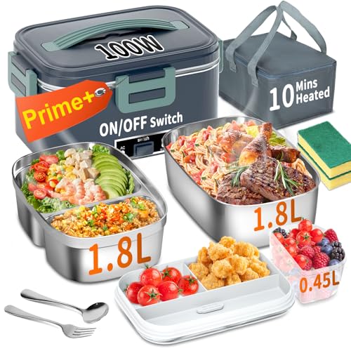 Fiambrera eléctrica calentada para adultos con 2 envases de 1.8 L, interruptor de encendido y apagado y doble capa de 0.6 L, calentador de alimentos portátil de 100 W 3 en 1 de...