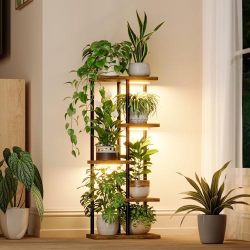 Bamworld Soporte para plantas de 5 niveles con luz de crecimiento para plantas de interior, estante esquinero de metal, soporte de madera para plantas del hogar, sala de estar, decoración de patio