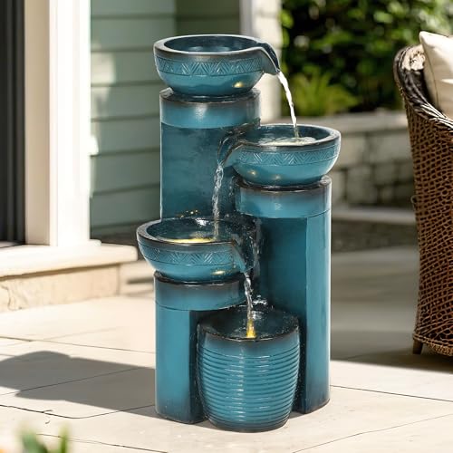 Autodaya 19.3' H Pedestal Outdoor Water Fountain with LED Lights and Pump, 4-Tier Cascading Water Feature, Tranuil Waterfall for Relaxing Garden, Patio, Yard, or Porch, Turquoise, Faux Ceramic Finish
