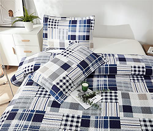 3-Piece Plaid Ultra Lightweight Bedspread Quilt Set King, Navy Blue Grid Checkered Striped Patchwork Coverlet Bed Cover With Pillow Shams, Farmhouse Multicolor All Season Bedding Sets Bedroom Decor #TOP4