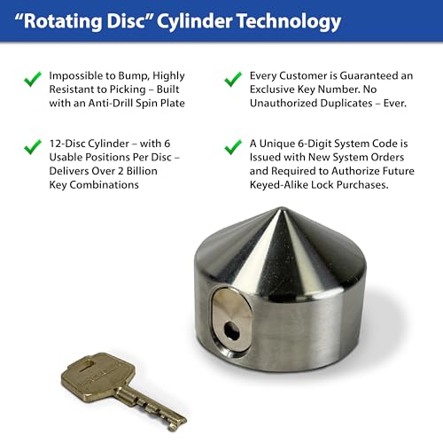 Image of PACLOCK's 9-Series Patented Cone Puck w /Tapped Holes, High Security Rotating Disc, Manufacturer-Controlled Key Assigning, Exclusive Key Number, U-Pick! Keyed Alike w / 1 Key, Stainless Steel