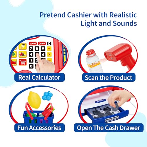 Image of FS Toy Cash Register for Kids with Scanner, Shopping Basket, Pretend Play Toys for Toddler 3-5-7 Years Old Boys and Girls Preschool Learning Activities, 57 Pieces Play Set