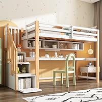 Miyemo Bunk Bed for Kids, 3ft Loft Bed with Storage Stairs & Slatted, High Sleeper Bed with Desk & Shelves, Pine Wood, 90x190cm, White+Natural, (No Mattress)
