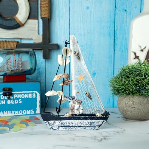 Image of Wooden Decorative Sailboat Nautical Model Showpiece - 15x4x22 cm | Miniature Sailing Boat Showpiece for Home Decor, Living Room, Office & Table Desk Decoration | Faded Blue-Sea Gull