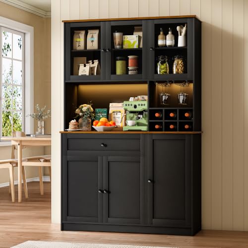 Wumagin Alacena de Cocina, Aparador Cocina con Multiprise y Luz LED, Mueble Auxiliar con Estantes Regulables, Almacenaje Multifuncional Alacena, Salón y Comedor, 40x100x180cm