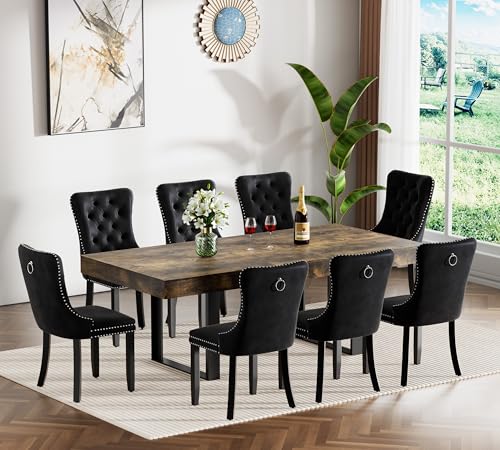 Image of Rustic Brown Dining Room Table Set for 8, 9-Piece 63 inch-78.74 inch Extendable Dining Table Set with 8 Upholstered Chairs,Rectangle Wooden Expanding Kitchen Table and Black Chairs Set