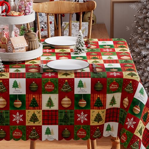 Siilues Christmas Tablecloth 60x84 Inch Rectangle, Red Snowflake Merry Christmas Ball Trees Washable Table Cover Waterproof Seasonal Winter Scalloped Edge Dining Table Cloth Home Party Decor – Image 3
