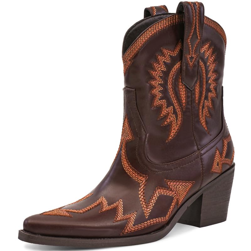 Image of HOCHFART Western Boots for Women Metallic Embroidered Pointed Toe Cowgirl Boots Chunky Heel Pull-On Short Cowboy Boots Wide Calf Country Ankle Boots