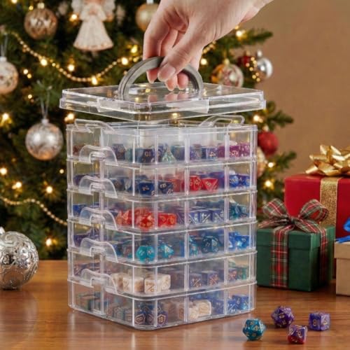 Image of PUGED DND Dice Storage Box with Removable Dividers Polyhedral Dice Plastic Organizer Holding Up To 1800 Dices Craft Bead Compartment Container for Sewing, Jewelry, Art, DIY (6 layers)