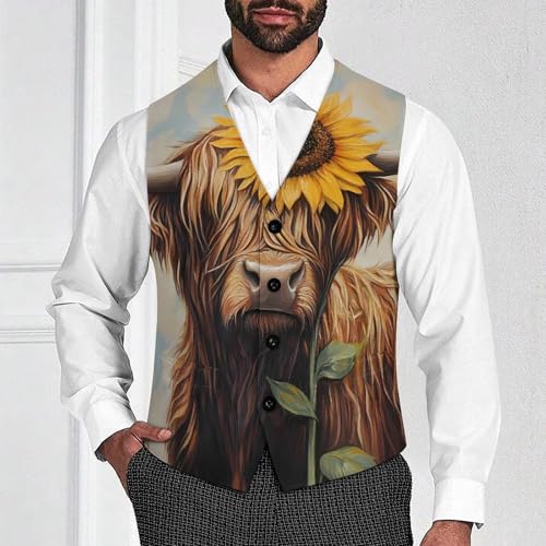 Highland Cow with Sunflower Suit Vest for Men Waistcoat Dressy V Neck Button Down Sleeveless Business Jacket Coat4