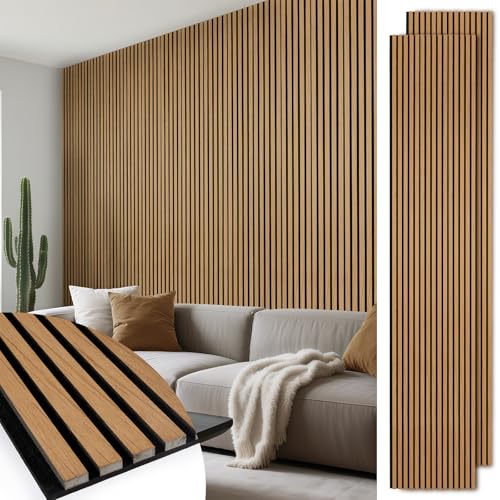 LARWORKS Akustikpaneele Holz 240x60cm, 4 Stück Wandpaneele mit Holzfurnier & Filz, Holzpaneele Wand Acoustic Panel für Zuhause & Büro für Große Wandflächen-Teak