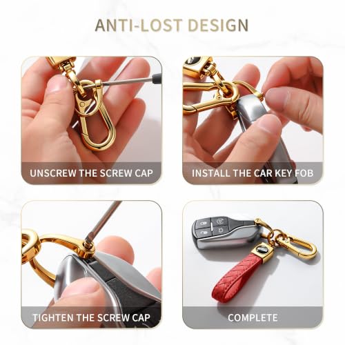 Image of Gkeygo Carabiner Keychain, Universal Heavy Duty Woven Handmade Leather Key Chain, Car Fob Key Keychains with 360 Degree Rotatable Snap Swivel and Anti-Lost D-Ring for Men and Women,Light Gold - Red