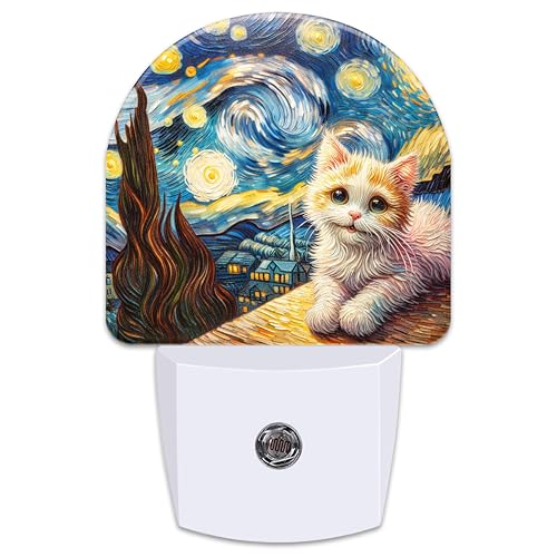 Image of Starry Night and Cute Cat Night Light for Kids, Abstract Oil Painting Plug in Night Light with Dusk to Dawn Sensor, 0.5w Energy Saving Nightlight for Hallway Stairway Kitchen Bedroom