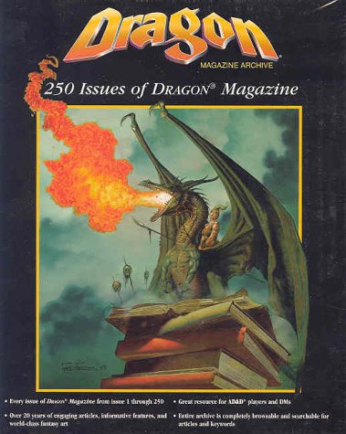 Cover of Dragon Magazine Archive featuring a dragon breathing fire over a stack of books.