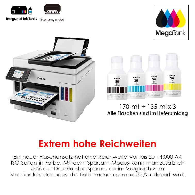 Canon MAXIFY GX7050 MegaTank Multifunktionsdrucker 4in1 (Tintenstrahl, Drucken, Kopieren, Scannen, Faxen, A4, WLAN, LAN, 6,7 cm LCD Touch, Duplex-Druck und -Scan, niedrige Druckkosten, 600 Blatt) weiß – Bild 5