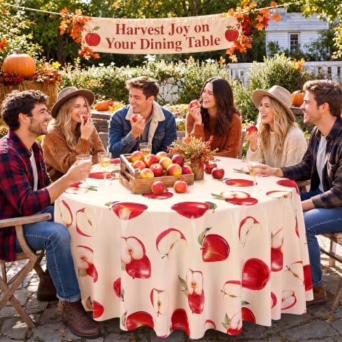Image of Ganeen 6 Pcs Apple Themed Plastic Tablecloths Fruit Themed Decorations Fall Apple Disposable Table Cover 84 Inch Plastic Round Table Covers Fall Harvest Tablecloths Bulk for Baby Shower Party
