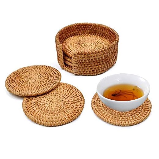 YGHH 6 Piezas Posavasos Tejido, Taza Té Alfombrillas, Posavasos de Ratán, Hecho a Mano Sin Deslizamiento Redondo Posavasos Ratán con Una Cesta de Almacenamiento para Mesa, Posavasos, Teteras