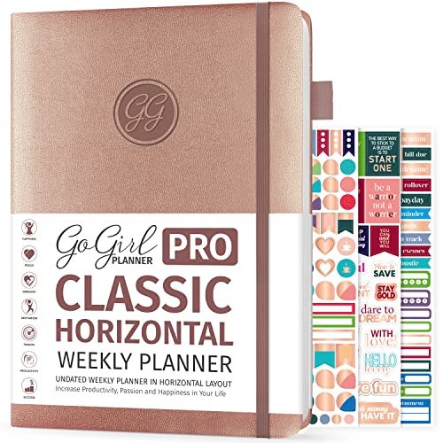 GoGirl Planner PRO - Undated Horizontal Layout Weekly Planner and Organizer + Budgeting and Expense Tracking Pages, Goals Journal & Agenda, 7' x 10' Hardcover, Lasts 1 Year - Rose Gold