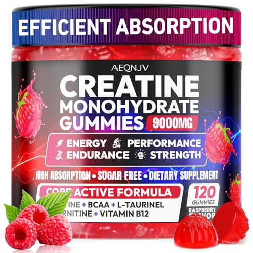 AEQNJV Creatine Gummies Monohydrate Complex 9000MG, Pre-Workout for Men & Women, Creatine Gummy with L-Taurine, BCAA 2:1, B12/6 for Muscle Support, Enhance Strength, Energy Boost-120 Count
