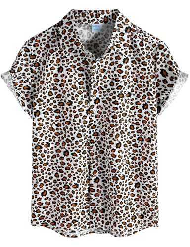 VATPAVE Boys Hawaiian Shirt Short Sleeve Button Down Shirt Summer Beach Shirts for Kids 6-14 Years 12 White Leopard