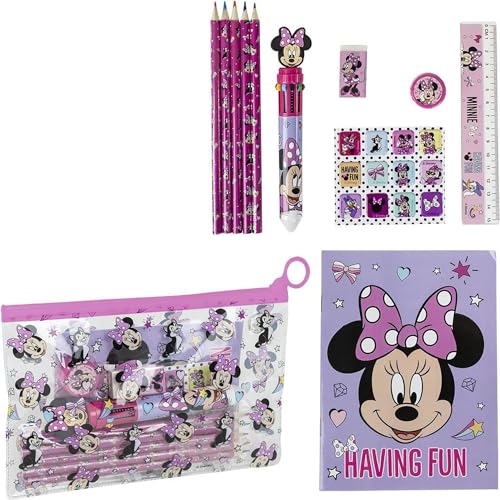 Conjunto de papelaria inspirado em Minnie - cor-de-rosa - 22 x 14 x 0,5 cm, inclui lápis coloridos, régua, estojo e muito mais - produto original desenhado em Espanha