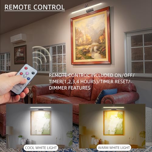 Image of RAIFOOLLY Picture Light, 2 Colors Art Lights for Paintings,16 inch inch Battery Operated Wall Light,Remote Control Painting with Timer and Dimmable for Frame, Portrait, Dartboard (BLACK), RF00300