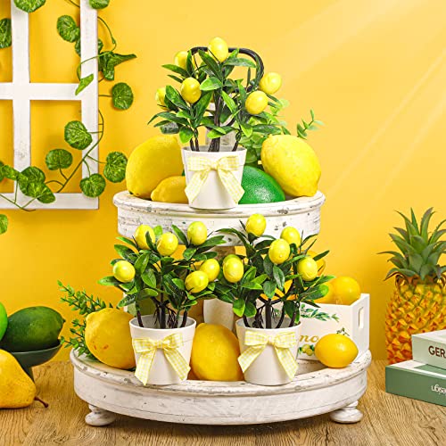 Jexine 3 Set Lemon Decor Lemon Tiered Tray Decor Artificial Lemon Plant Farmhouse Home Decor Mini Fake Plants Mini Vases Tiered Tray Greenery Accessory #TOP1