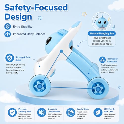 Image of Mommers Baby Walker Musical Push Support Toddler Blue Wheels & Handle, Cute Design Activity Walker, Balanced Wheels, Indoor Play