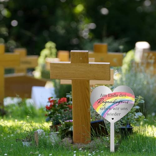 Grabstecker Wetterfest Herz Edelstahl Grabstecker, Grabdekoration Wetterfest Grabschmuck mit Gravur Am Ende des Regenbogens Sehen Wir Uns Wieder, Grab Deko zum Erinnerung Andenken Dekoherz Traue