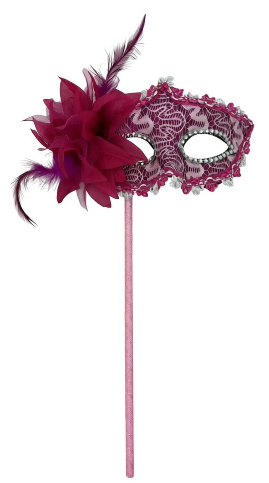 Women's Masquerade Masks Side Feather Flower Petal Hand Held Lace Mask with Stick (Rose Red)