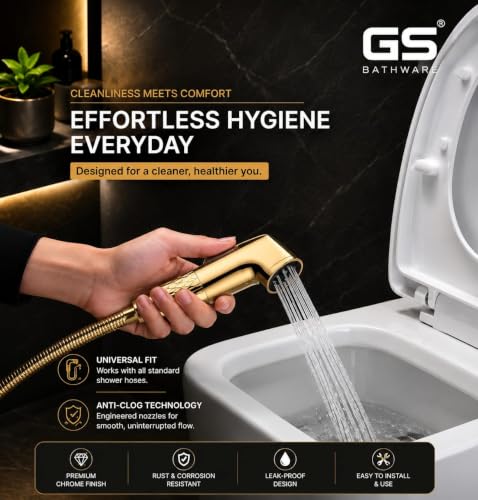 Image of Premium Plus Gold Health Faucet Complete Set with 1 Meter Matching Hose & Wall Hook | Self Cleaning Jet Spray for Toilet | NeverBlock AutoClean Nozzles | High Pressure | Gold Finish