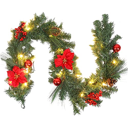 6 FT Pre-Lit Christmas Garland for Front Door, Battery Operated Xmas Garland with 20 LED Lights Red Flower Pinecones Ball Ornaments for Fireplace Mantel Porch Christmas Indoor Outdoor Decor