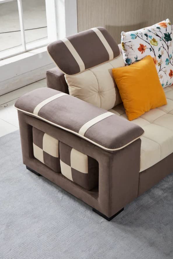 Image of Tyler 9 Seater U Shape Fabric Sofa Set in Cream & Brown Color for Living Room, Couch Sofa for Living Room, Nine Seater Sofa