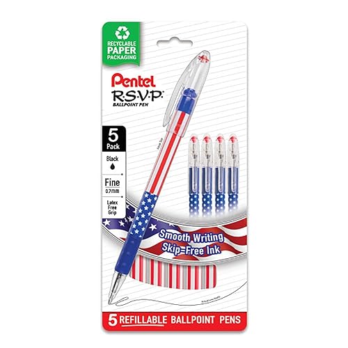 Pentel Bolígrafo Rsvp Bk90usabp5a, punta de 0.028 in, tinta negra, 5Pk, RdWeBe