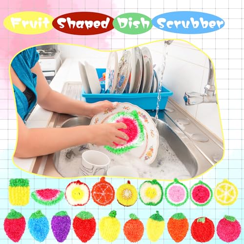 Image of 20 Pieces Fruit Dish Scrubber Colorful Reusable Kitchen Fruit Shaped Dish Scrubbers for Family Washing Pots and Dishes Bathtub Sink